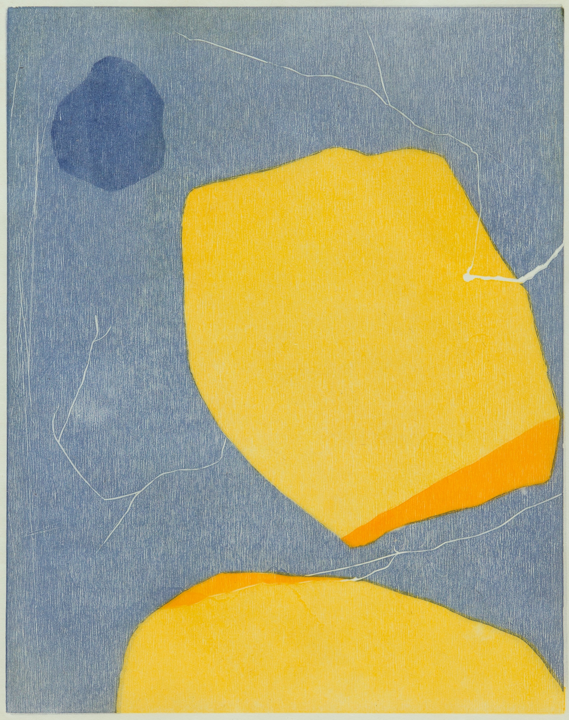 Two yellow rock like forms floating on a blue-red back ground with meandering wood cut lines.