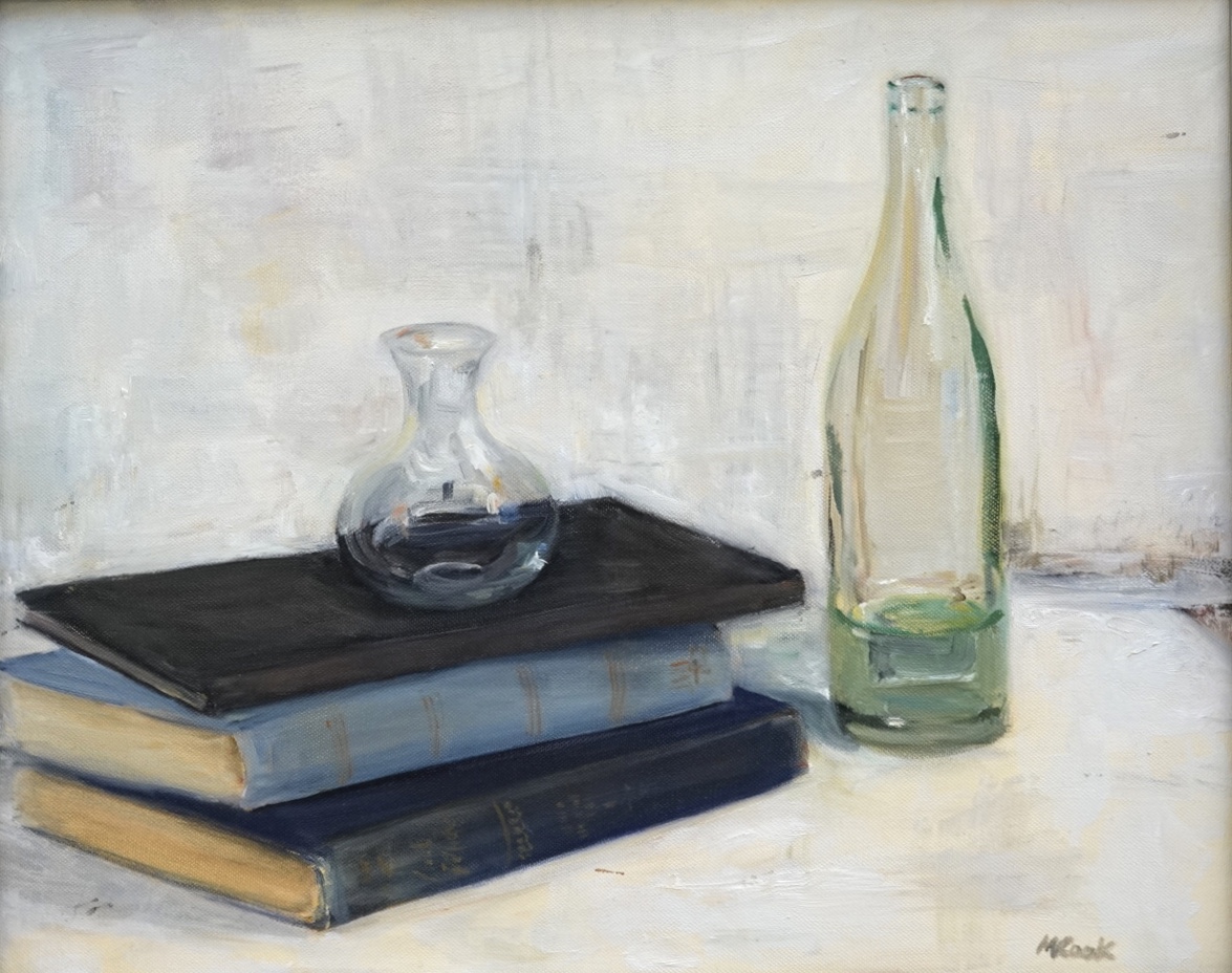 An oil on canvas depicting a stack of three vintage books with a small empty glass vase on top.  An empty, pale green glass bottle stands next to the books.  The background and table surface are various whites.