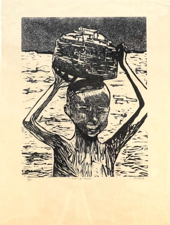 A wood cut relief printed in black on a yellow ground of a young boy carrying a basket on his head with an abstract landscape behind him.