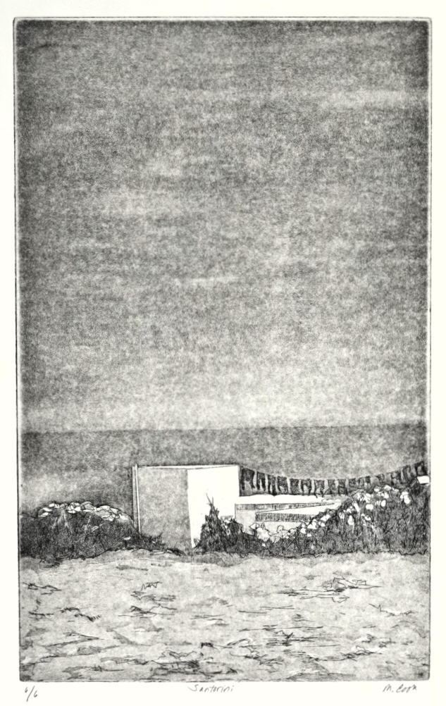 Copper plate etching with soft ground and aquatint depicting a white washed building with a clothesline against a sea and sky.