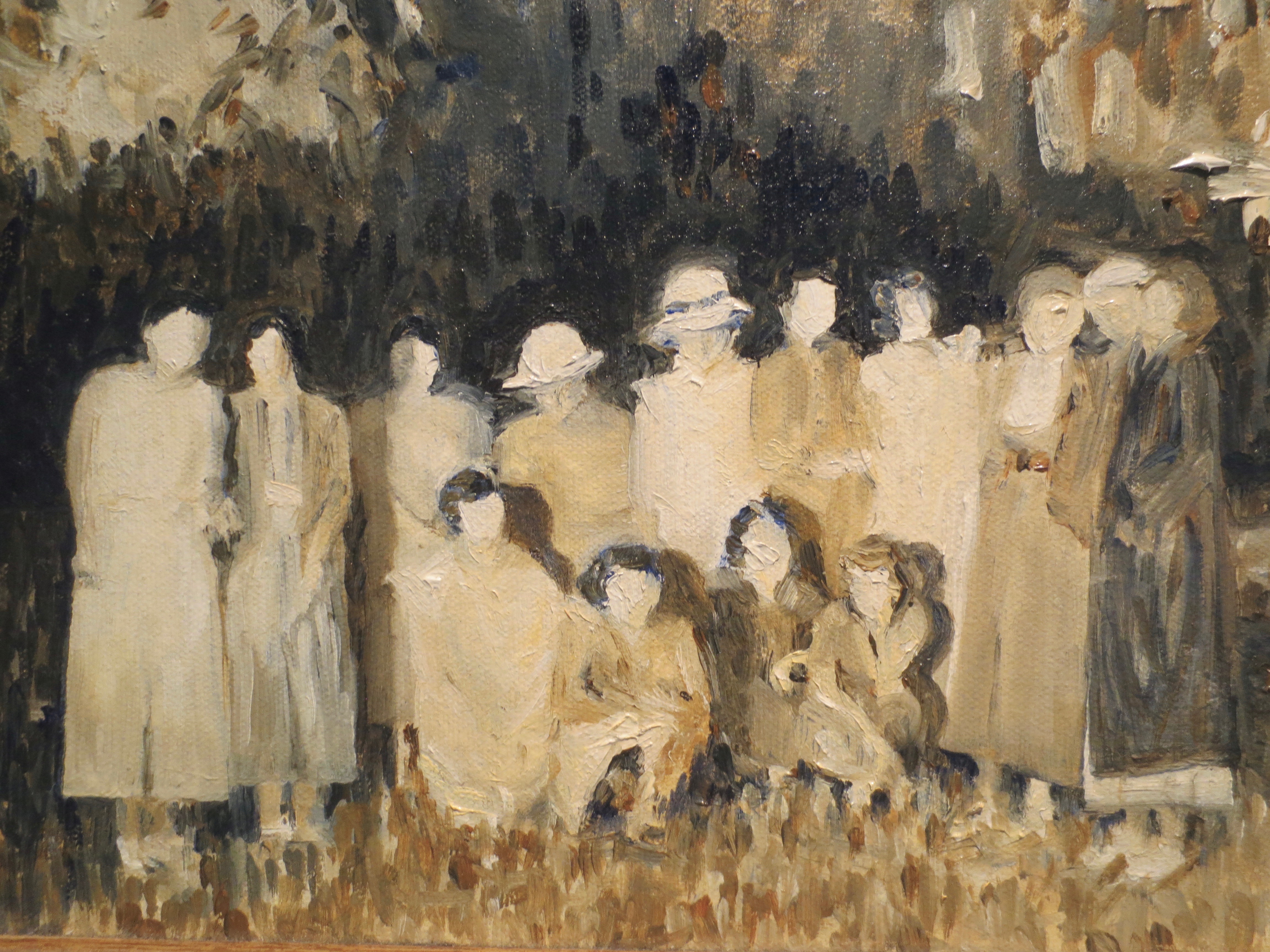 An oil of canvas in a monochromatic colorway of raw umber, aquamarine and white depicting a line of faceless female figures standing together in 1940's style dresses.