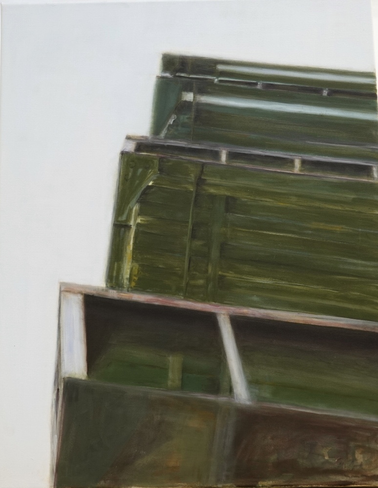 An oil on canvas of an abstract view from the ground looking up a portion of an aged green fire escape against a white background.