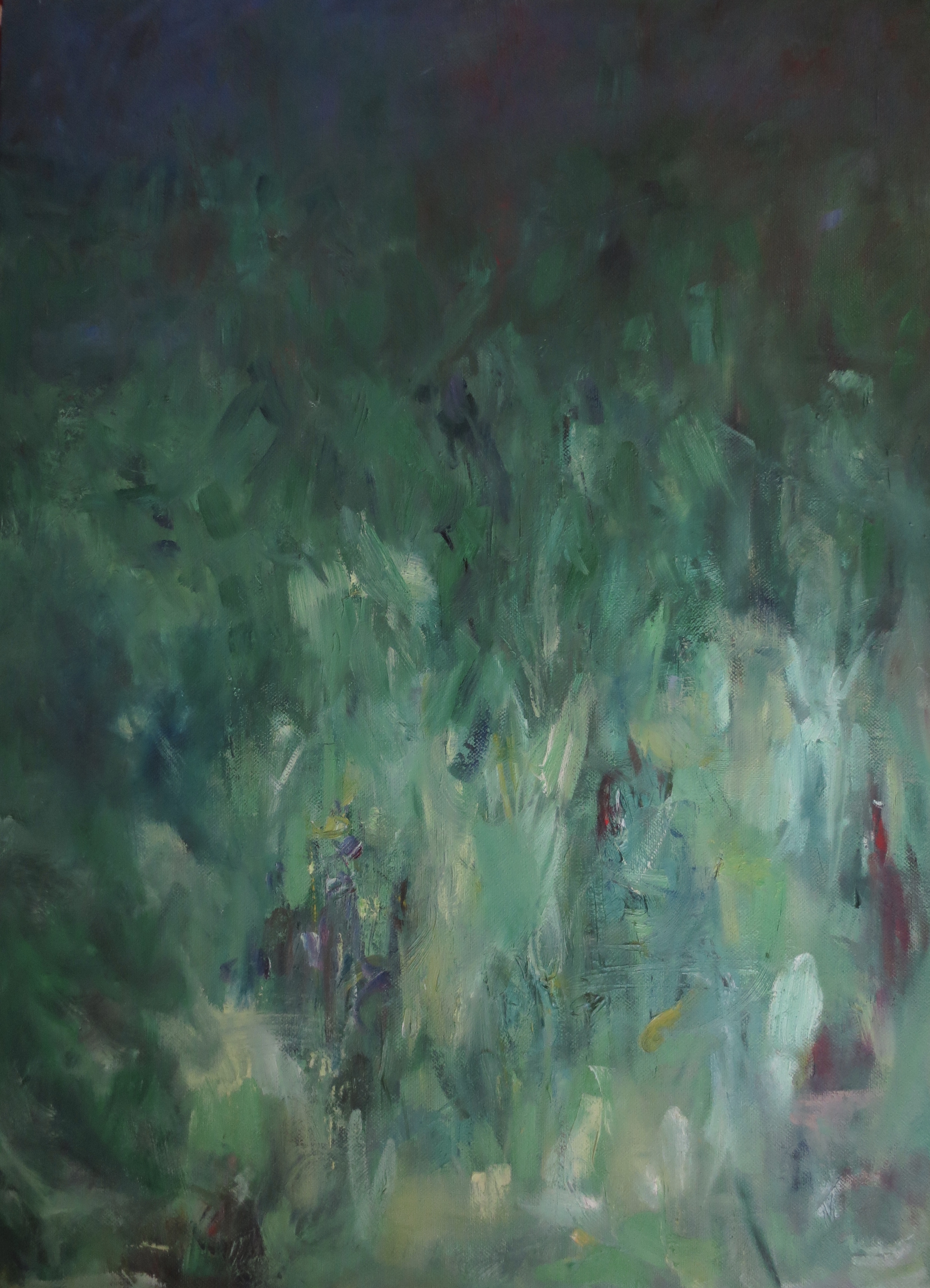 an abstract oil on canvas depicting various hues of green and grass and plant like forms