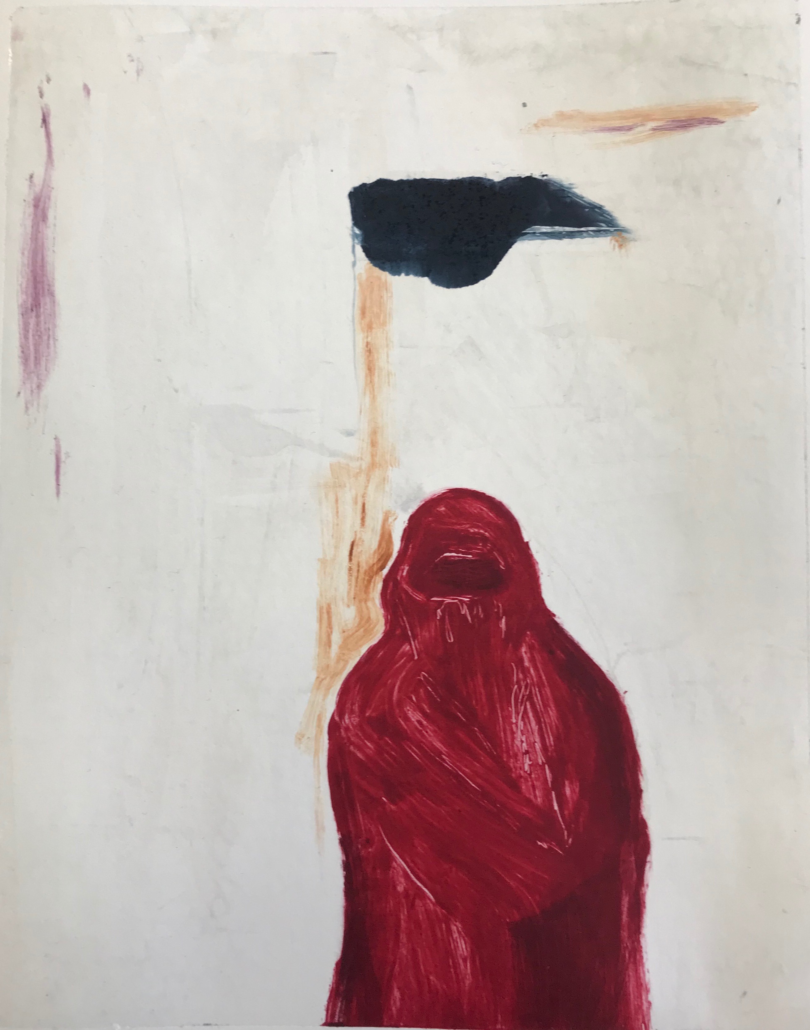 Lone figure in a red burqa against an abstract white background